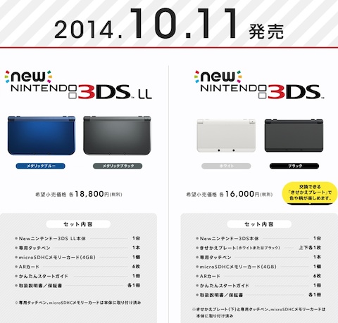 任天堂はニンテンドー3DSの新モデル「Newニンテンドー3DS」を10月11日発売！価格は3DS LL 1万8800円/3DS 1万6000円