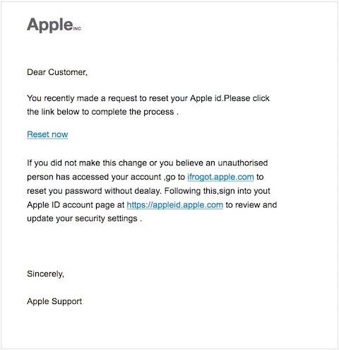 アップルを装った迷惑メールの例（英語版）