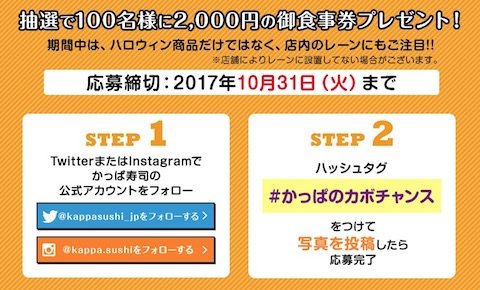 かっぱ寿司では「#かっぱのカボチャンス」のハッシュタグをつけて投稿すると「2000円分のお食事券」が100名に当たる