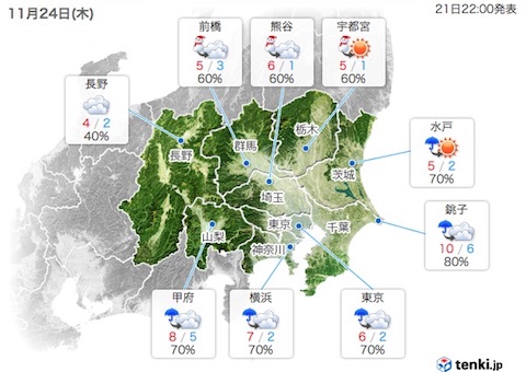 強い寒気の影響により11月23日から24日は東京都心で初雪の可能性
