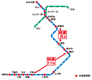 横浜市営地下鉄ブルーラインの路線図（2015年3月時点）